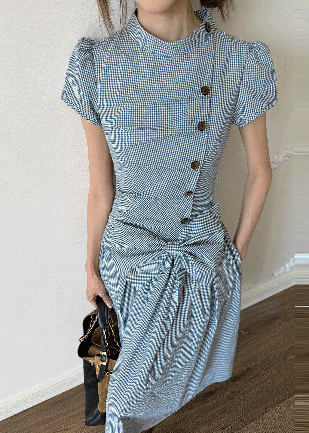Casual Blue Plaid Wrinkled Bow Cotton Maxi Dresses Short Sleeve