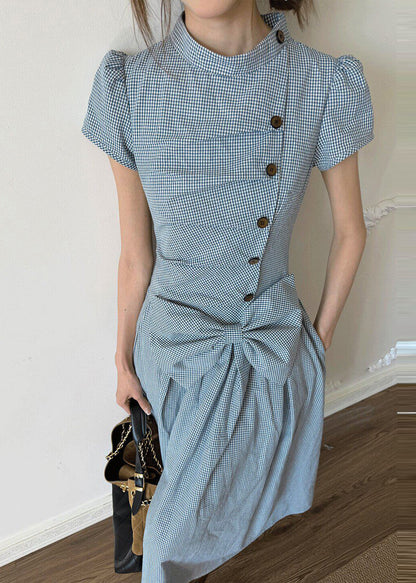 Casual Blue Plaid Wrinkled Bow Cotton Maxi Dresses Short Sleeve