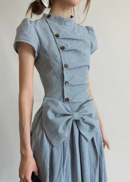 Casual Blue Plaid Wrinkled Bow Cotton Maxi Dresses Short Sleeve