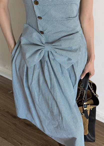 Casual Blue Plaid Wrinkled Bow Cotton Maxi Dresses Short Sleeve