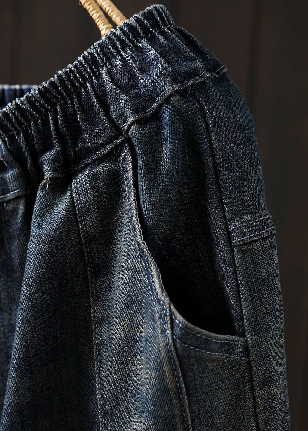 Casual Blue Pockets Elastic Waist Patchwork Denim Harem Pants Spring