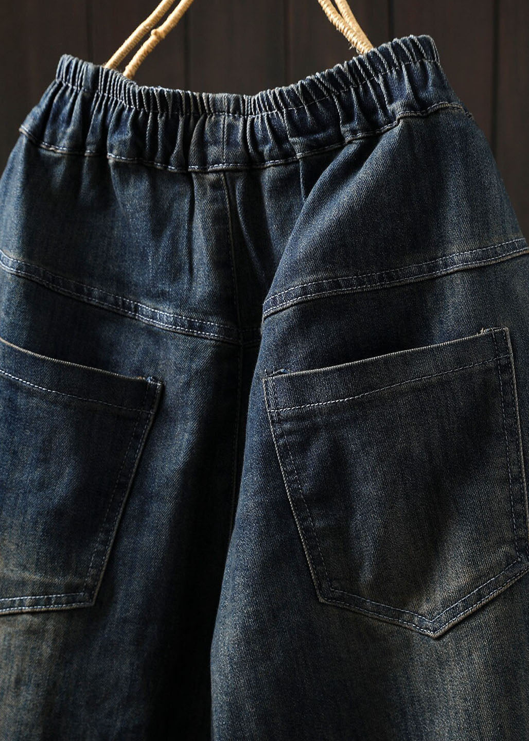 Casual Blue Pockets Elastic Waist Patchwork Denim Harem Pants Spring