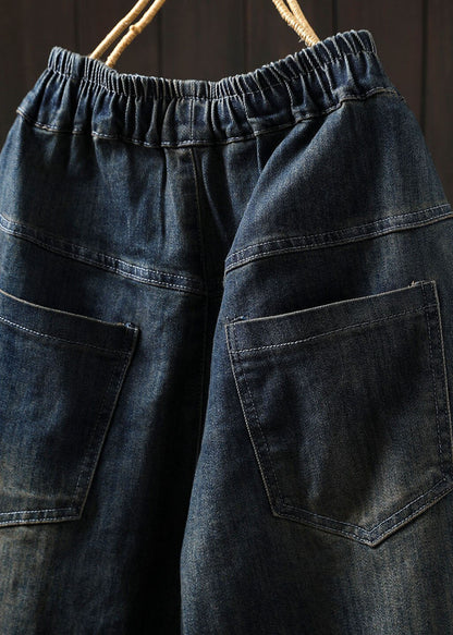 Casual Blue Pockets Elastic Waist Patchwork Denim Harem Pants Spring