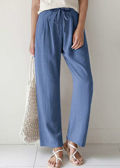 Casual Blue Pockets Lace Up Cotton Pants Summer
