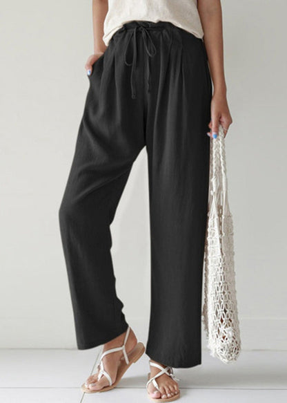 Casual Blue Pockets Lace Up Cotton Pants Summer