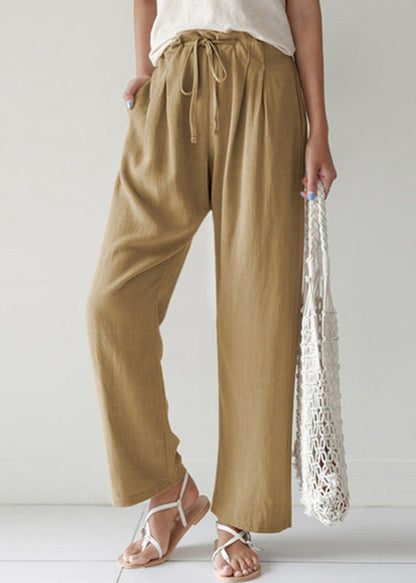 Casual Blue Pockets Lace Up Cotton Pants Summer