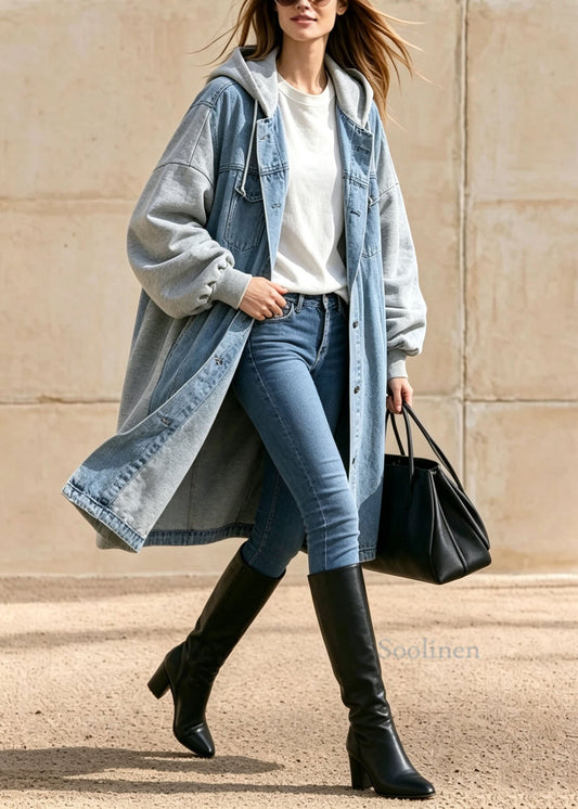 Casual Blue Pockets Patchwork Denim Hooded Coat Fall