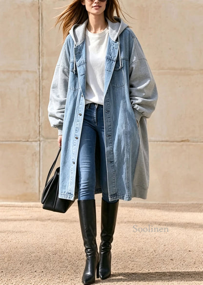 Casual Blue Pockets Patchwork Denim Hooded Coat Fall