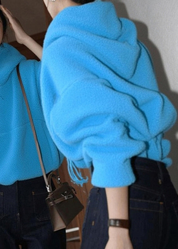 Casual Blue Pockets Patchwork Faux Fur Hooded Sweatshirts Fall