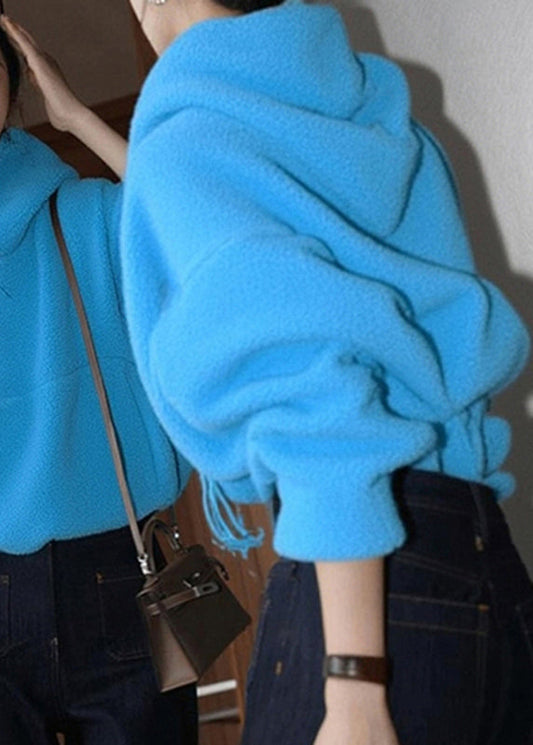 Casual Blue Pockets Patchwork Faux Fur Hooded Sweatshirts Fall