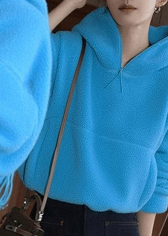Casual Blue Pockets Patchwork Faux Fur Hooded Sweatshirts Fall
