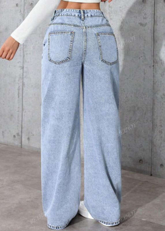 Casual Blue Pockets Patchwork Straight Jeans Fall