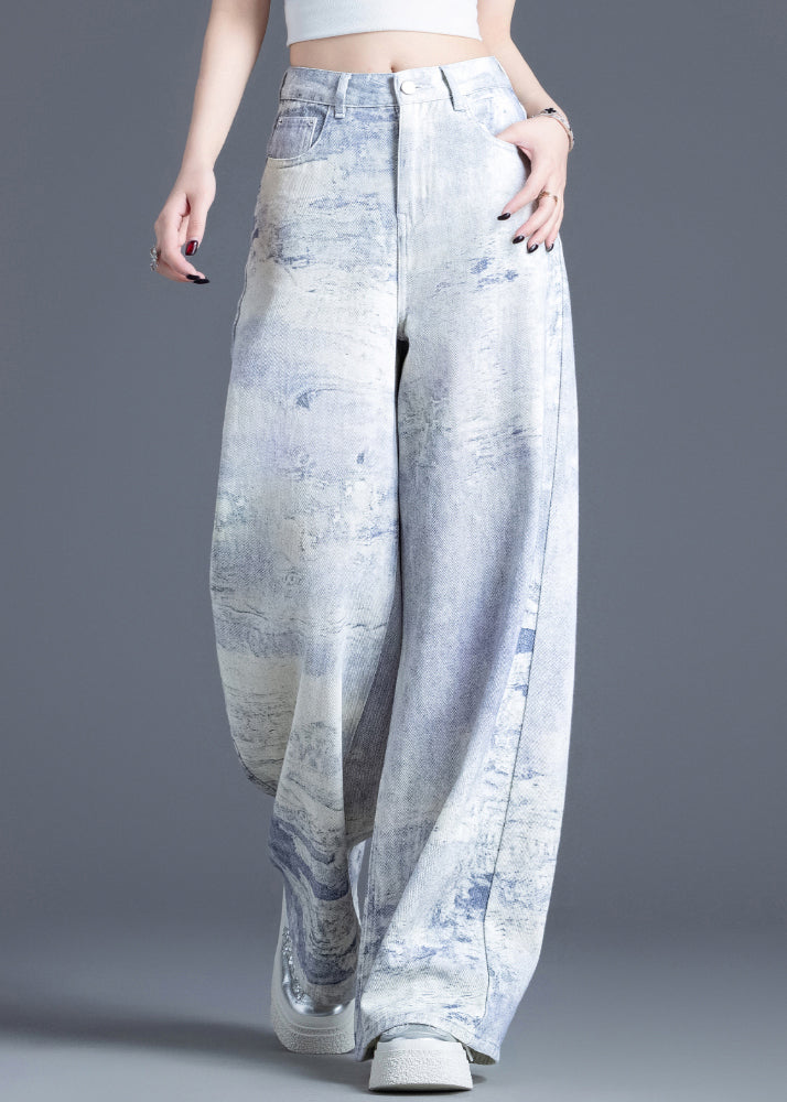 Casual Blue Pockets Tie Dye High Waist Denim Pants Spring