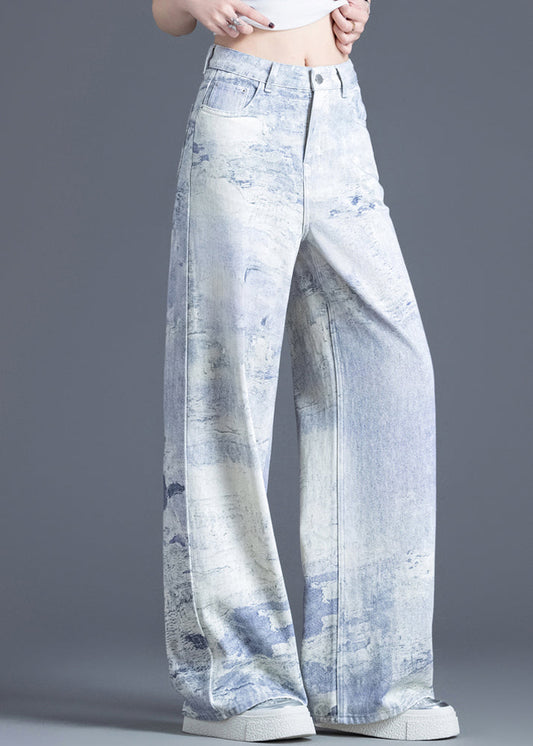 Casual Blue Pockets Tie Dye High Waist Denim Pants Spring
