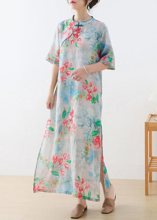 Casual Blue Print Oriental Dresses Summer Ramie - SooLinen