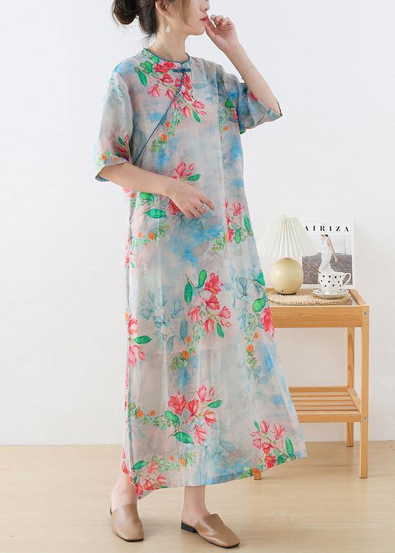 Casual Blue Print Oriental Dresses Summer Ramie - SooLinen