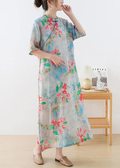 Casual Blue Print Oriental Dresses Summer Ramie - SooLinen