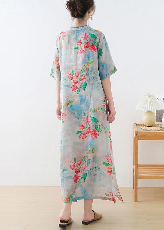 Casual Blue Print Oriental Dresses Summer Ramie - SooLinen