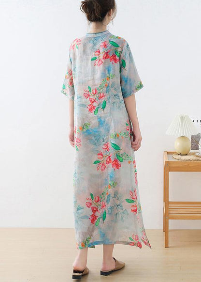 Casual Blue Print Oriental Dresses Summer Ramie - SooLinen