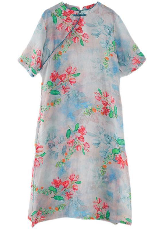 Casual Blue Print Oriental Dresses Summer Ramie - SooLinen