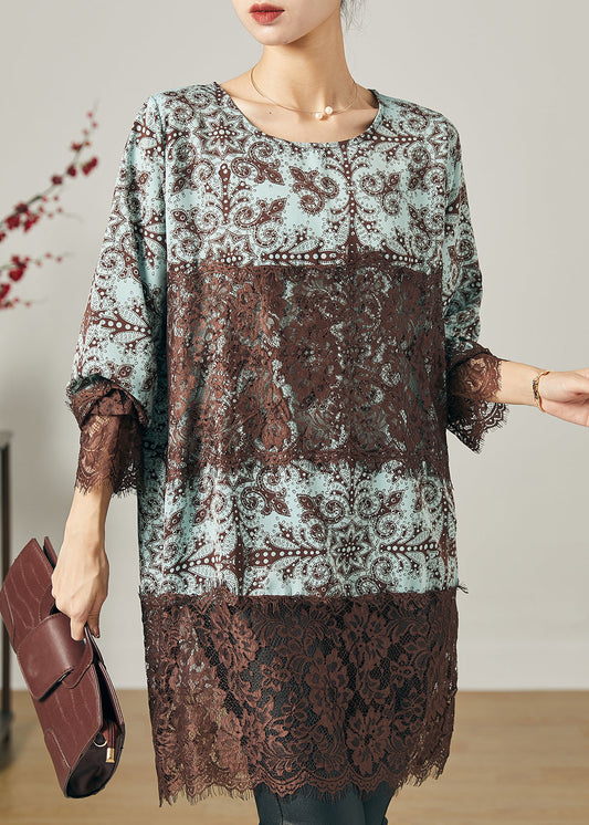 Lässiges blaues Print-Patchwork-Spitzen-Chiffon-Kurzkleid für den Sommer