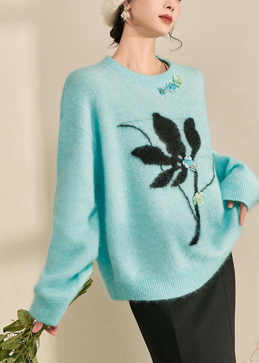 Suéter informal de punto de algodón grueso con estampado de patchwork azul y manga larga