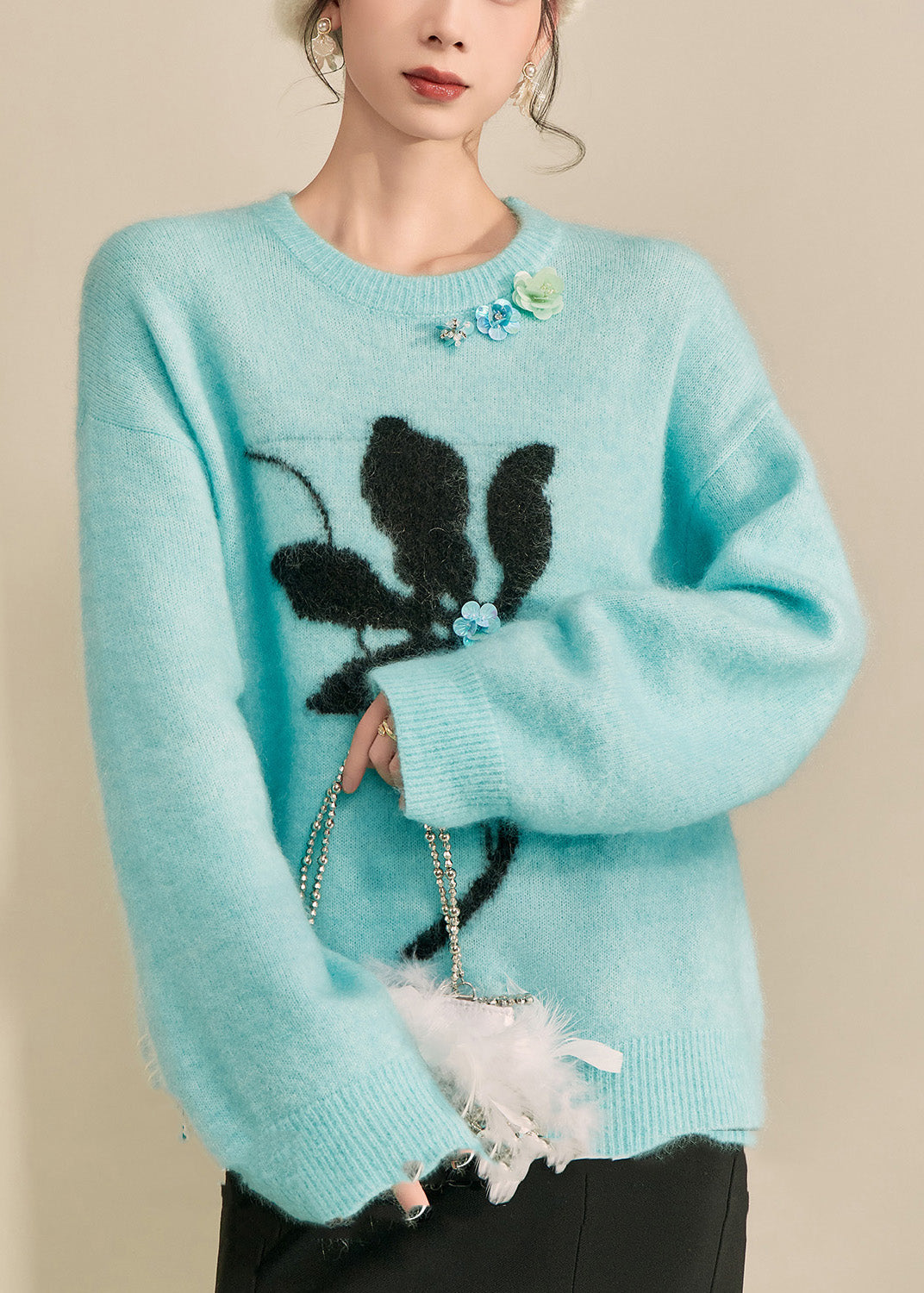 Casual Blue Print Patchwork Thick Cotton Knit Sweater Long Sleeve