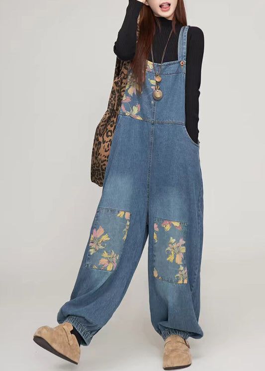 Casual Blue Print Pockets Patchwork Denim Jumpsuit Summer