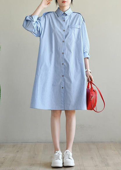 Casual Blue Striped Cotton Long sleeve Spring Dresses - SooLinen