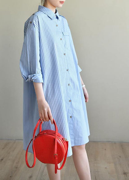 Casual Blue Striped Cotton Long sleeve Spring Dresses - SooLinen