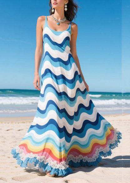 Casual Blue Striped Ruffled Chiffon Holiday Dresses Summer