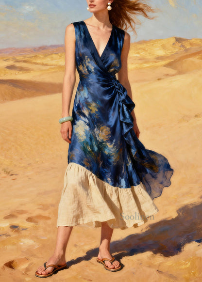Casual Blue Tie Dye Patchwork Silk Ankle Dress Summer