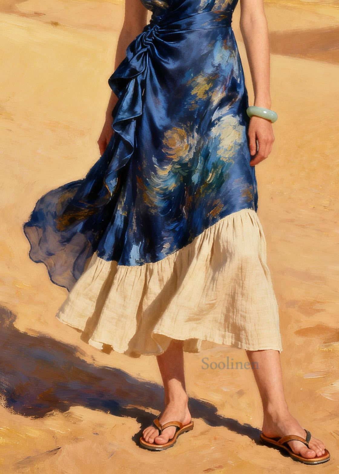 Casual Blue Tie Dye Patchwork Silk Ankle Dress Summer