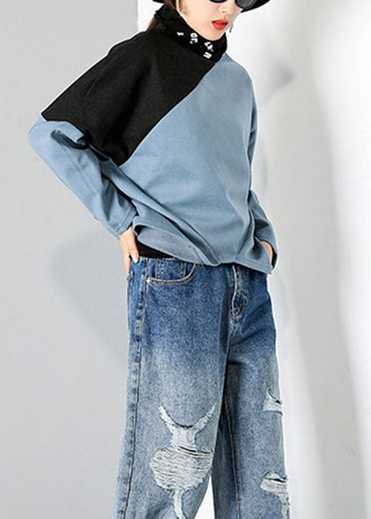 Lässige blaue Rollkragen-Patchwork-Tops Frühling