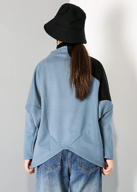 Lässige blaue Rollkragen-Patchwork-Tops Frühling