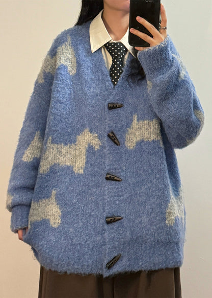 Casual Blue V Neck Button Little Horse Knit Coats Spring