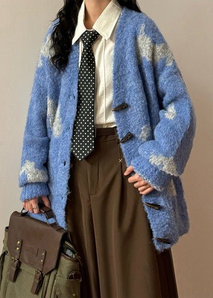 Casual Blue V Neck Button Little Horse Knit Coats Spring