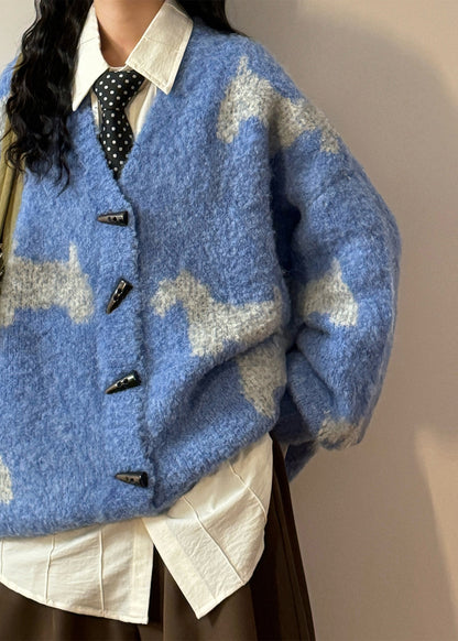 Casual Blue V Neck Button Little Horse Knit Coats Spring