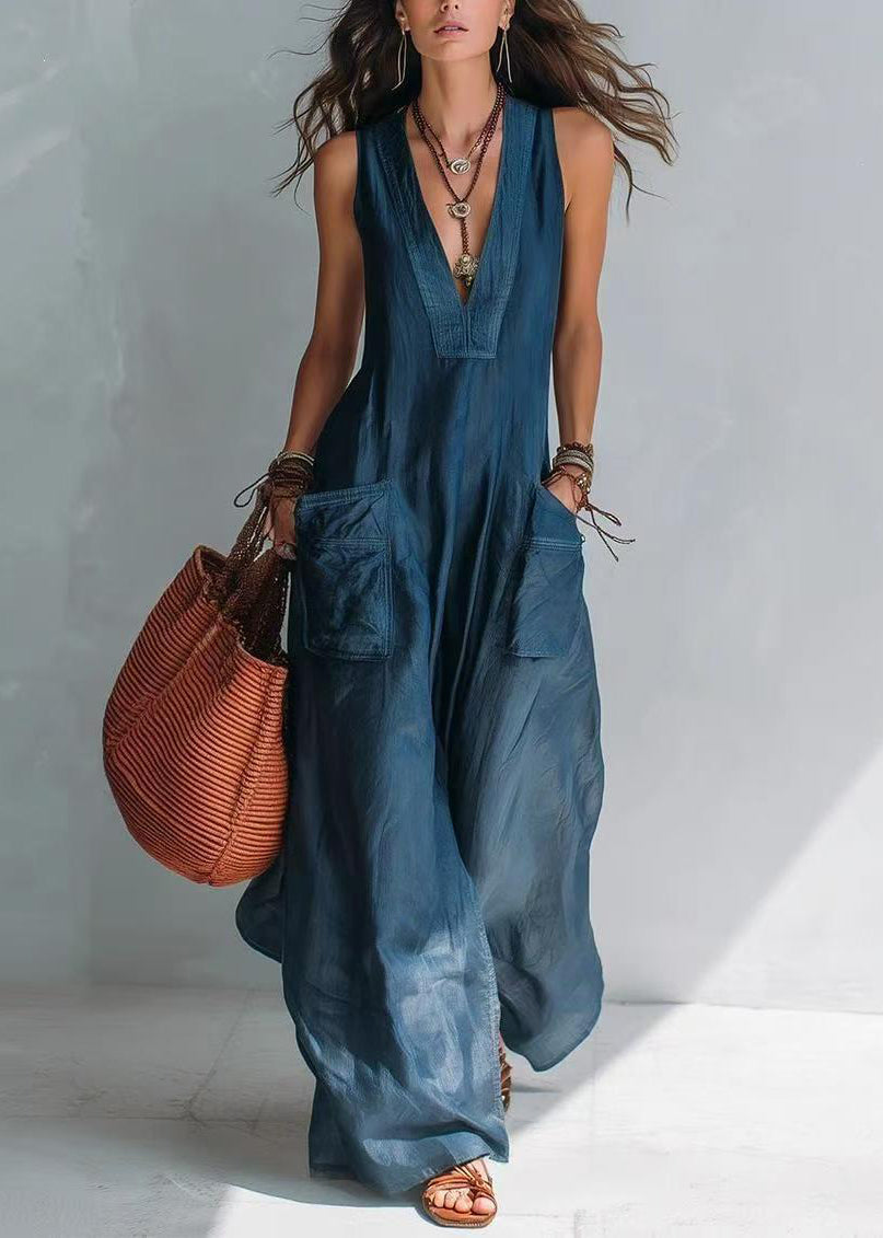 Casual Blue V Neck Pockets Jumpsuit Sleeveless