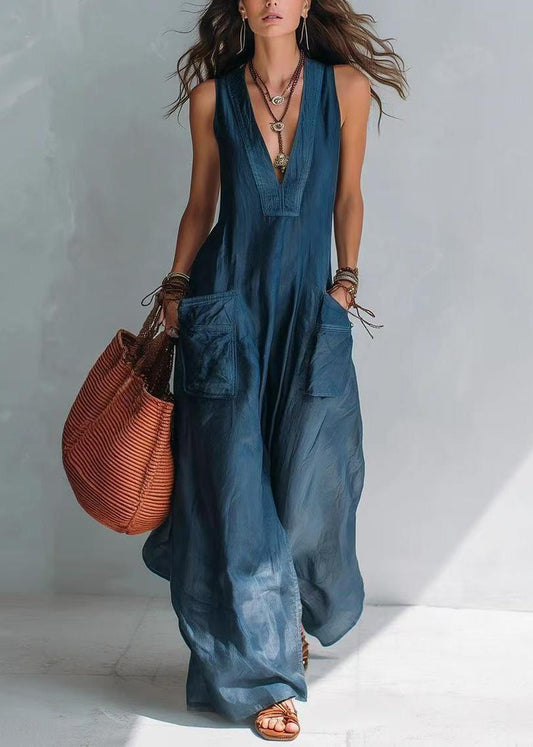 Casual Blue V Neck Pockets Jumpsuit Sleeveless
