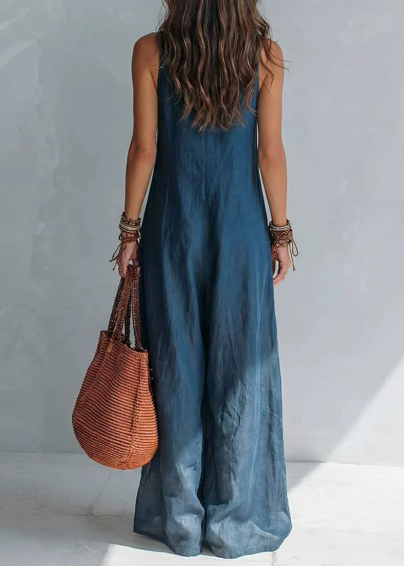 Casual Blue V Neck Pockets Jumpsuit Sleeveless