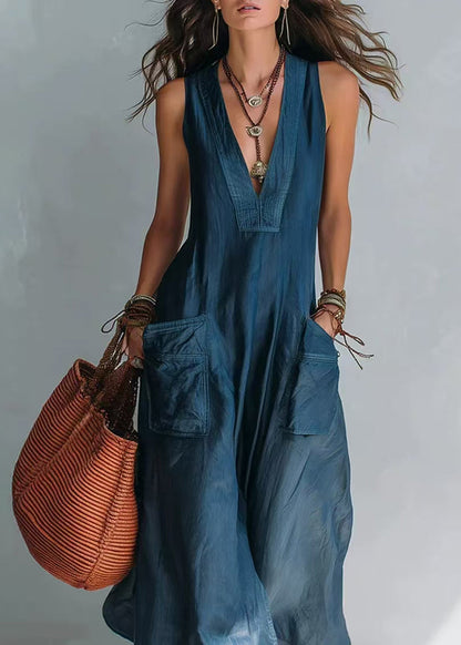 Casual Blue V Neck Pockets Jumpsuit Sleeveless
