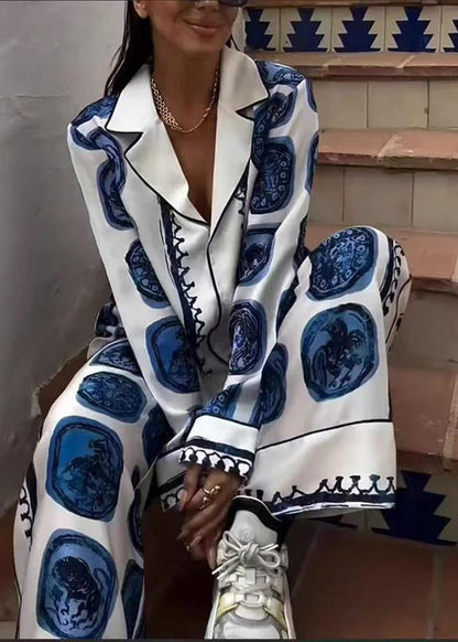 Casual Blue V Neck Print Shirts And Wide Leg Pants Two Piece Set Fall