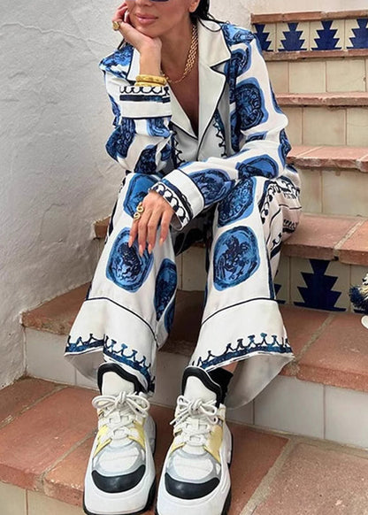 Casual Blue V Neck Print Shirts And Wide Leg Pants Two Piece Set Fall