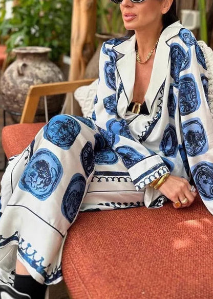 Casual Blue V Neck Print Shirts And Wide Leg Pants Two Piece Set Fall