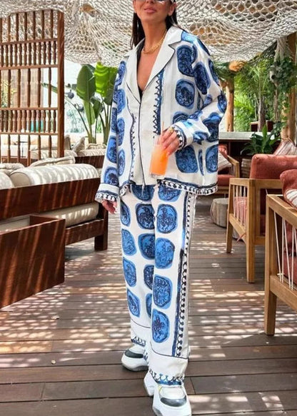 Casual Blue V Neck Print Shirts And Wide Leg Pants Two Piece Set Fall