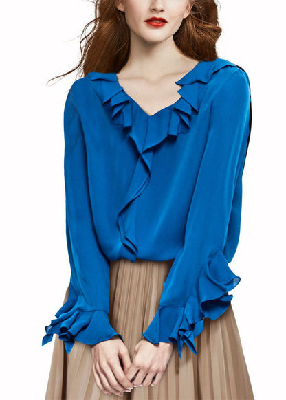 Casual Blue V Neck Ruffled Chiffon Shirt Top Long Sleeve