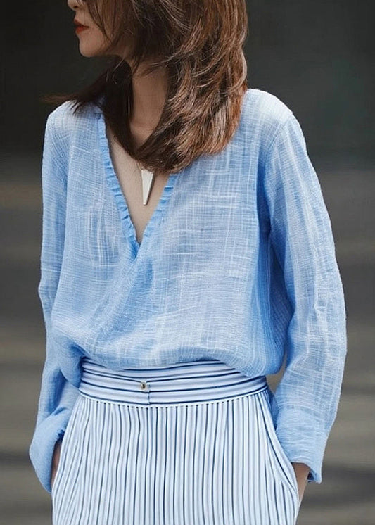 Casual Blue V Neck Solid Shirt Spring