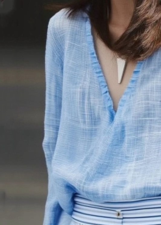 Casual Blue V Neck Solid Shirt Spring