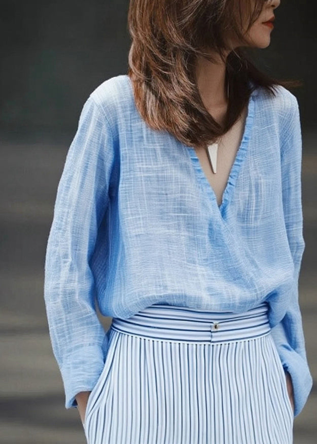 Camisa casual azul con cuello en V y color liso para primavera